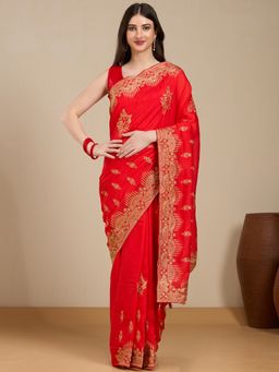 Vervee Couture - Red Poly Georgette Embroidered Saree with Unstitched Blouse
