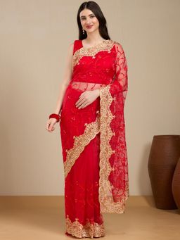 Vervee Couture - Red Pure Net Floral Embroidered Saree with Unstitched Blouse