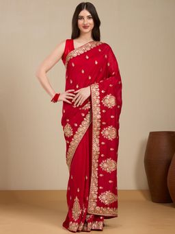 Vervee Couture - Red Poly Georgette Embroidered Saree with Unstitched Blouse