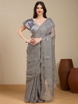 Vervee Couture - Grey Poly Georgette Embellished Saree with Unstitched Blouse