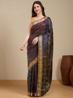 Vervee Couture - Black Silk Blend Stripes Woven Saree with Unstitched Blouse