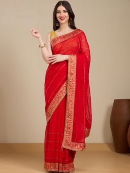 Vervee Couture - Red Poly Georgette Embellished Saree with Unstitched Blouse