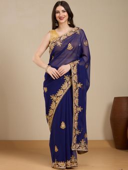 Vervee Couture - Navy Blue Poly Georgette Embroidered Saree with Unstitched Blouse