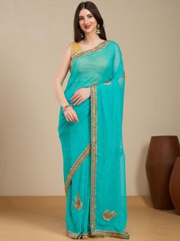 Vervee Couture - Turquoise Embellished Saree with Unstitched Blouse