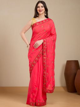 Vervee Couture - Pink Poly Georgette Embroidered Saree with Unstitched Blouse