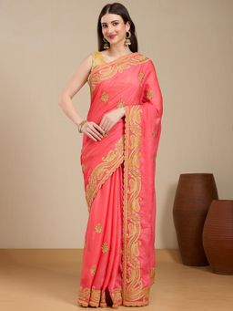 Vervee Couture - Peach Embroidered Beads Saree with Unstitched Blouse