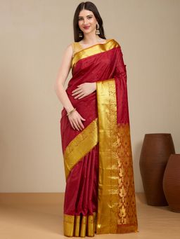 Vervee Couture - Maroon Silk Blend Saree with Zari Border and Unstitched Blouse