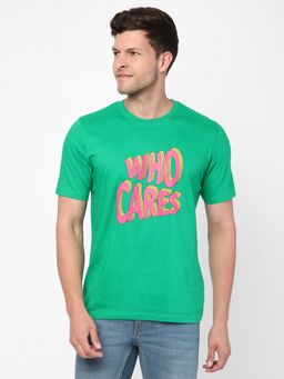 R&B - Cotton Regular Fit Crew Neck Typographic Print Green Men T-Shirt