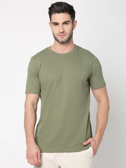 R&B - Men Cotton Crew Neck Solid Regular Green Half Sleeves T-Shirt