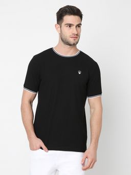 R&B - Black Cotton Blend Regular Black Fit Crew Neck Solid Men T-Shirt