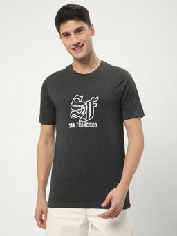 R&B - Grey Cotton Regular Fit Crew Neck Grey Typographic Print Men T-Shirt