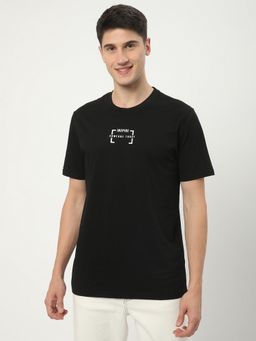 R&B - Black Cotton Crew Neck Typographic Print Black Men T-Shirt