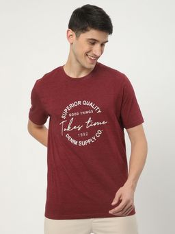 R&B - Men Cotton Burgundy Crew Neck Typography Regular Half Sleeves T-Shirt