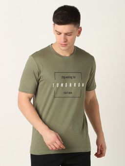 R&B - Cotton Regular Fit Crew Neck Typographic Print Green Men T-Shirt