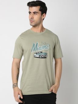 R&B - Green Cotton Regular Fit Round Neck Typographic Print Men T-Shirt