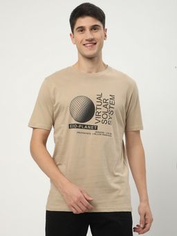 R&B - Cotton Regular Fit Crew Neck Typographic Print Tan Men T-Shirt