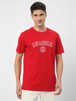 R&B - Red Cotton Regular Fit Crew Neck Typographic Print Red Men T-Shirt