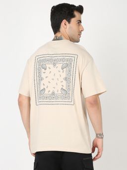 R&B - Beige Cotton Crew Neck Typography Print Men T-Shirt