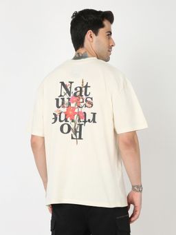 R&B - Cream Cotton Crew Neck Typography Print Men T-Shirt