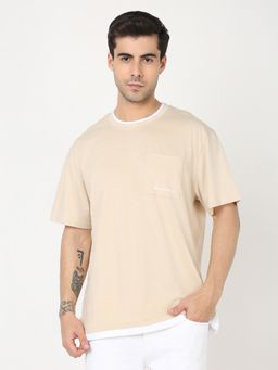R&B - Men Cotton Beige Crew Neck Solid Regular Half Sleeves T-Shirt