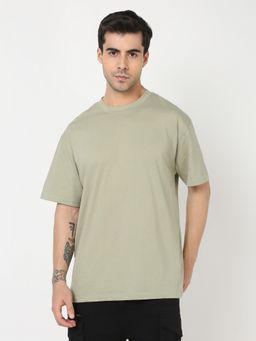 R&B - Green Cotton Oversized Fit Crew Neck Solid Men T-Shirt