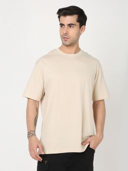 R&B - Beige Cotton Oversized Fit Crew Neck Solid Beige Men T-Shirt