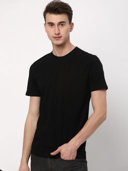 R&B - Men Cotton Black Crew Neck Solid Regular Half Sleeves T-Shirt