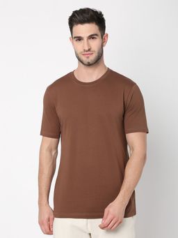 R&B - Men Cotton Brown Crew Neck Solid Regular Half Sleeves T-Shirt