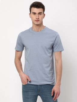 R&B - Men Cotton Blue Crew Neck Solid Regular T-Shirt