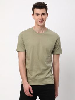 R&B - Men Cotton Green Crew Neck Solid Regular Half Sleeves T-Shirt