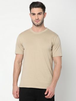R&B - Men Cotton Beige Crew Neck Solid Regular Half Sleeves T-Shirt