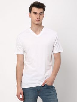 R&B - Men Cotton White V-Neck Solid Regular Half Sleeves T-Shirt