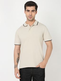 R&B - Beige Cotton Blend Men Solid Polo T-Shirt
