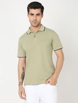 R&B - Green Cotton Blend Solid Men Polo T-Shirt