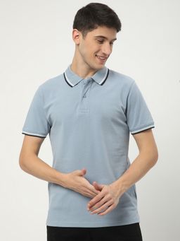 R&B - Blue Cotton Blend Solid Men Polo T-Shirt