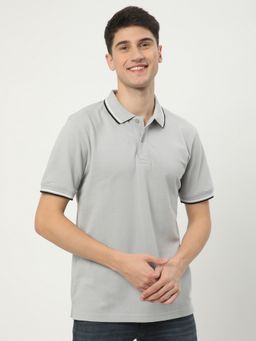 R&B - Grey Cotton Blend Slim Fit Solid Men Polo T-Shirt