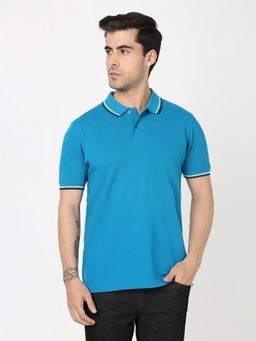 R&B - Teal Cotton Blend Men Solid Polo T-Shirt