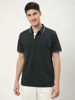 R&B - Green Cotton Blend Regular Fit Solid Green Men Polo T-Shirt