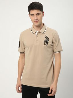 R&B - Khaki Cotton Blend Regular Fit Solid Men Polo T-Shirt