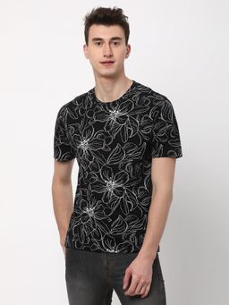 R&B - Black Cotton Regular Fit Crew Neck Froal Print Men T-Shirt
