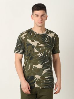 R&B - Olive Cotton Regular Fit Crew Neck Tropical Print Olive Men T-Shirt