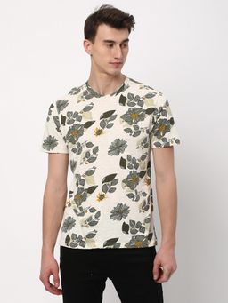 R&B - Cream Cotton Regular Fit Round Neck Floral Print Men T-Shirt