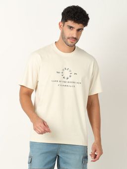 R&B - Beige Cotton Regular Fit Crew Neck Typographic Print Begie Men T-Shirt