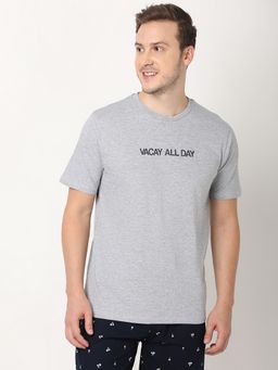 R&B - Cotton Regular Fit Crew Neck Typographic Print Grey Men T-Shirt