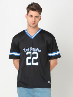 R&B - Black Polyester Regular Fit V-Neck Typographic Print Men T-Shirt