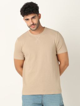 R&B - Beige Cotton Regular Fit Crew Neck Solid Textured Men T-Shirt