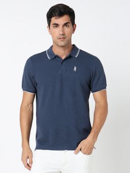 R&B - Men Polycotton Navy Blue Collar Neck Solid Slim Half Sleeves Polo T-Shirt