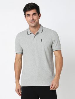 R&B - Men Polycotton Grey Collar Neck Solid Slim Half Sleeves Polo T-Shirt