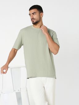 R&B - Men Cotton Green Crew Neck Solid Relaxed Half Sleeves T-Shirt