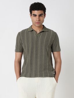 R&B - Olive Cotton Regular Fit Striped Men Polo T-Shirt